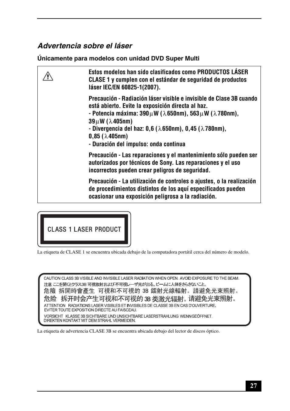 Advertencia sobre el láser | Sony VPCSA2HGX User Manual | Page 27 / 40