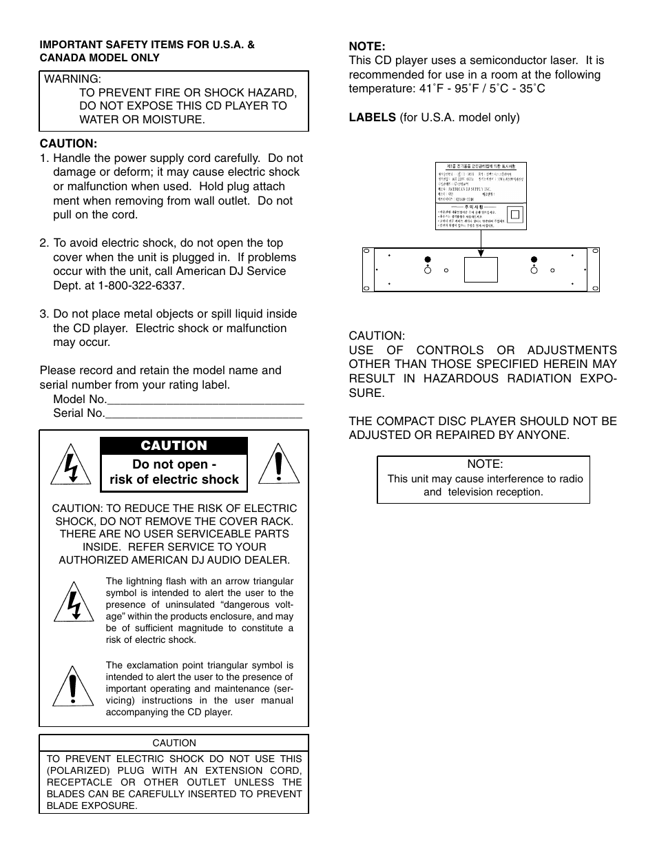 Caution do not open - risk of electric shock | American Audio DCD-PRO200 User Manual | Page 3 / 14