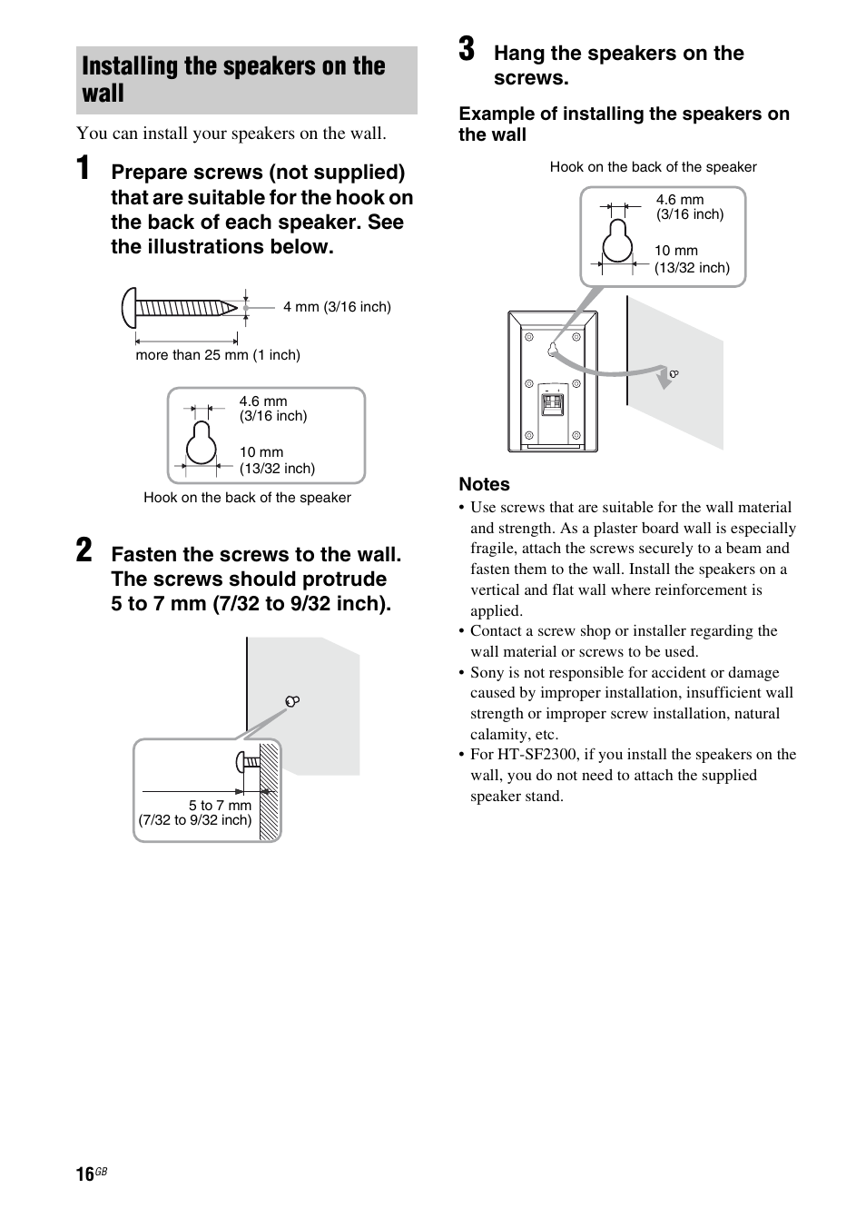 Installing the speakers on the wall | Sony STR-KS2300 User Manual | Page 16 / 76