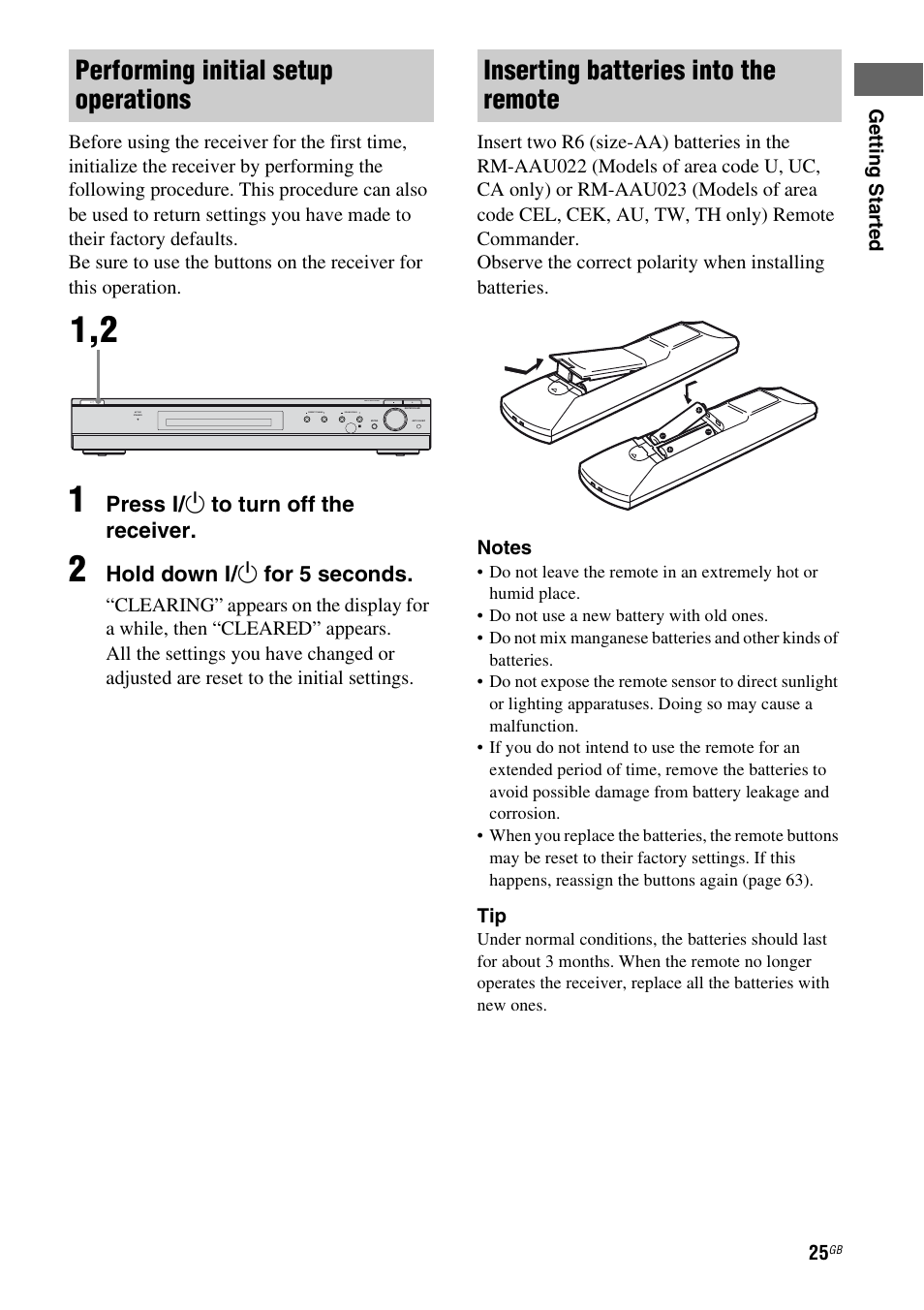 Performing initial setup operations, Inserting batteries into the remote, Press ? / 1 to turn off the receiver | Hold down ? / 1 for 5 seconds | Sony STR-KS2300 User Manual | Page 25 / 76