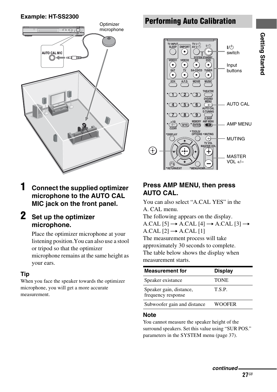 Performing auto calibration, Set up the optimizer microphone, Press amp menu, then press auto cal | Ge tting star te d example: ht-ss2300 | Sony STR-KS2300 User Manual | Page 27 / 76