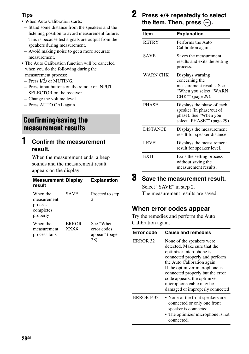 Confirming/saving the measurement results, When error codes appear | Sony STR-KS2300 User Manual | Page 28 / 76