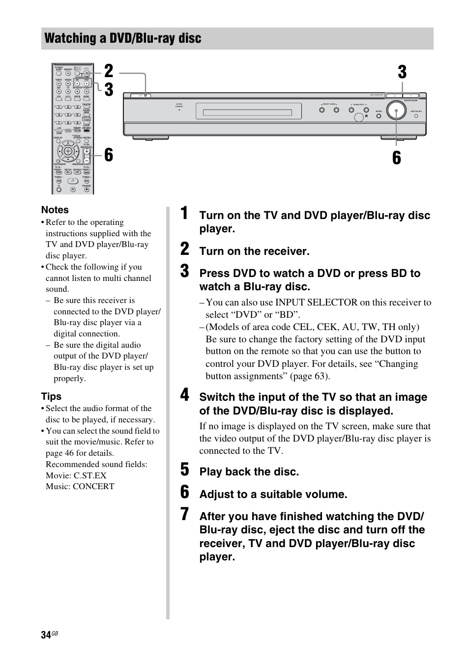 Watching a dvd/blu-ray disc, Turn on the tv and dvd player/blu-ray disc player, Turn on the receiver | Play back the disc, Adjust to a suitable volume, Tips | Sony STR-KS2300 User Manual | Page 34 / 76