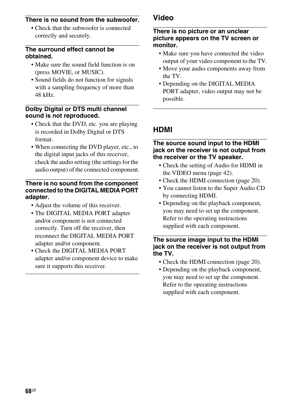 Video, Hdmi | Sony STR-KS2300 User Manual | Page 68 / 76