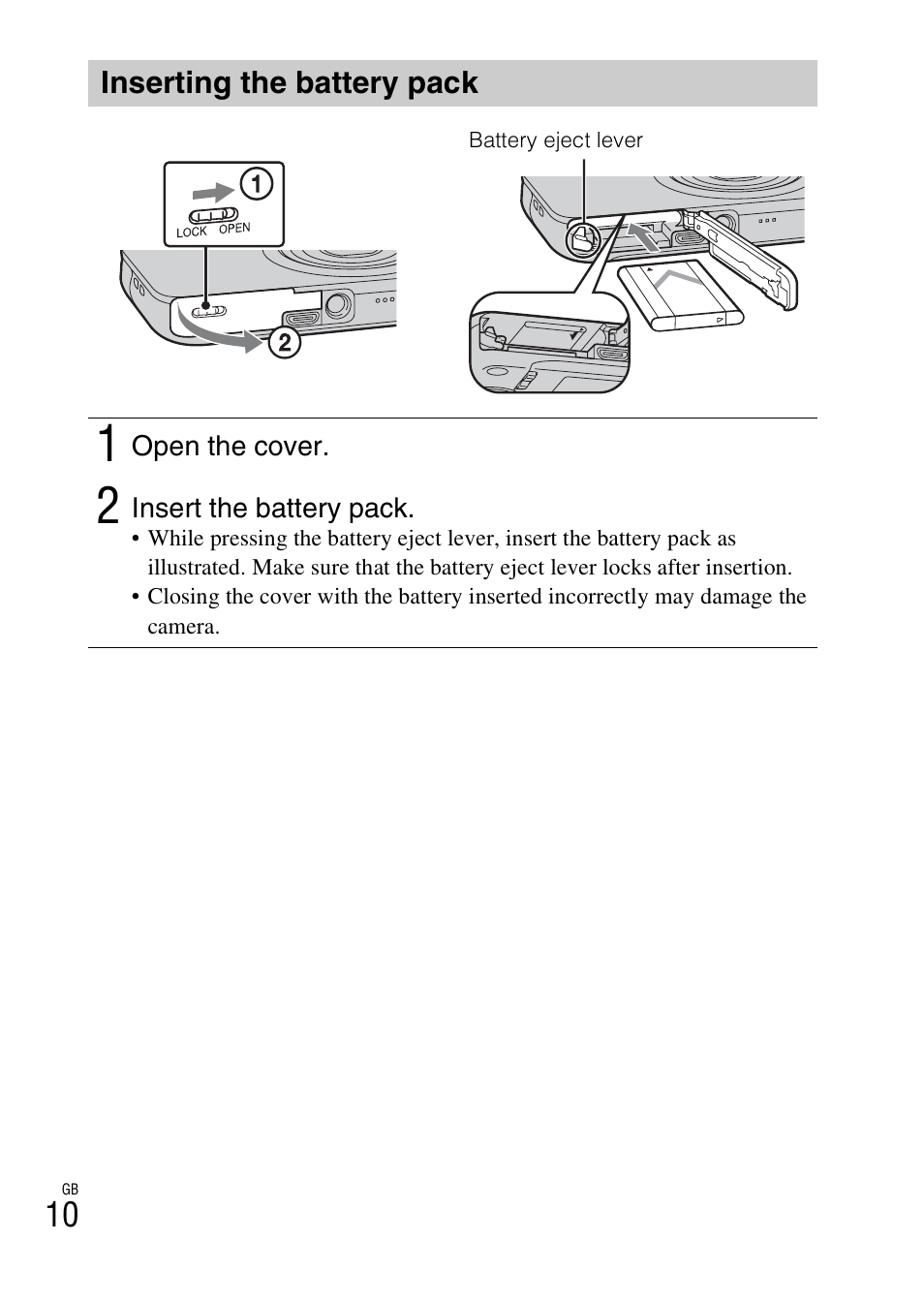 Inserting the battery pack | Sony DSC-WX100 User Manual | Page 10 / 64