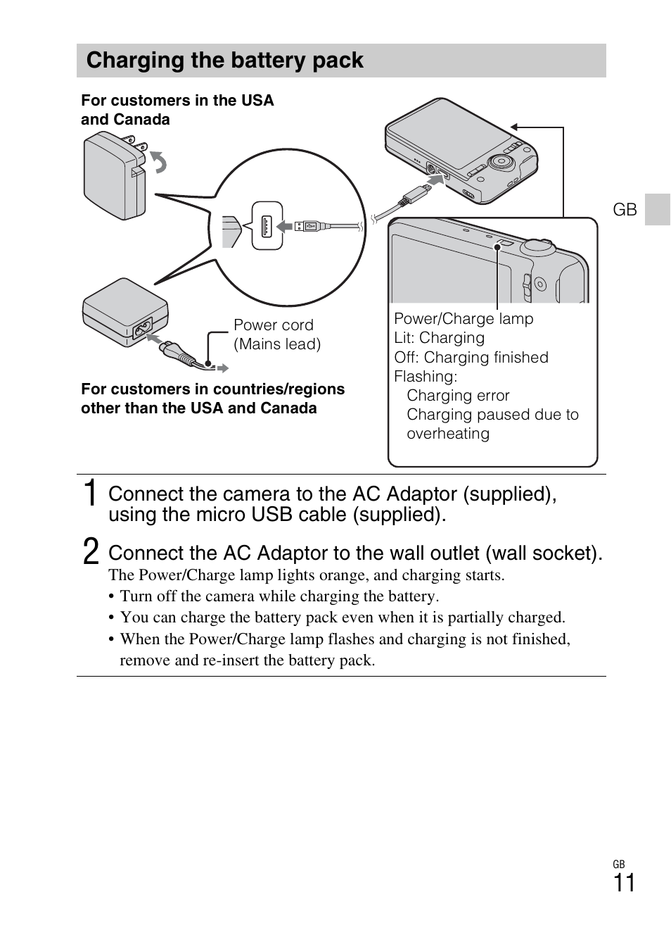 Charging the battery pack | Sony DSC-WX100 User Manual | Page 11 / 64