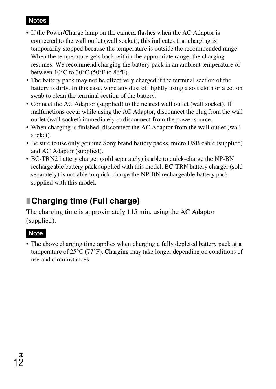 Xcharging time (full charge) | Sony DSC-WX100 User Manual | Page 12 / 64