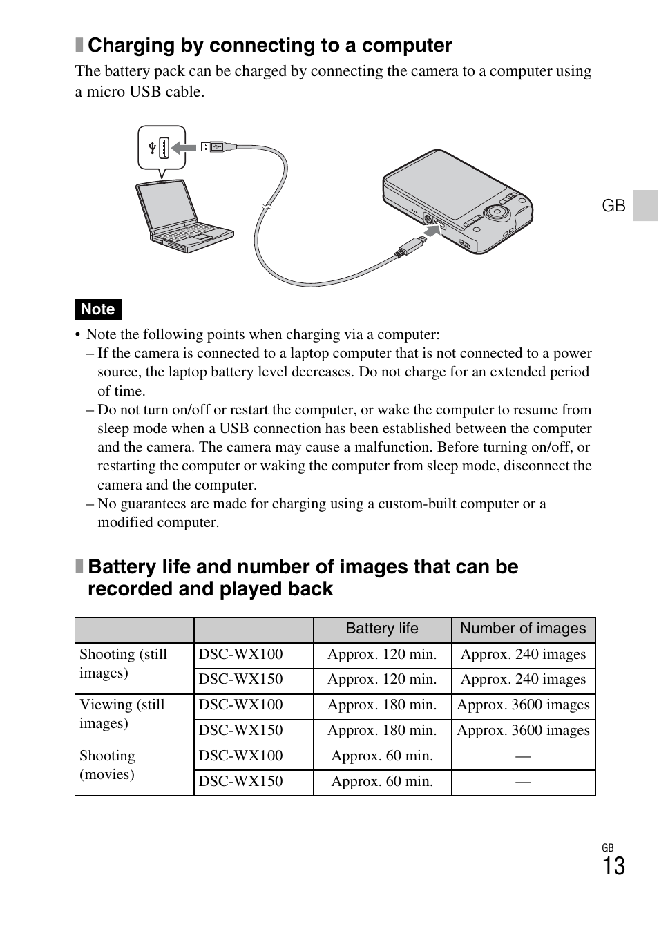 Xcharging by connecting to a computer | Sony DSC-WX100 User Manual | Page 13 / 64