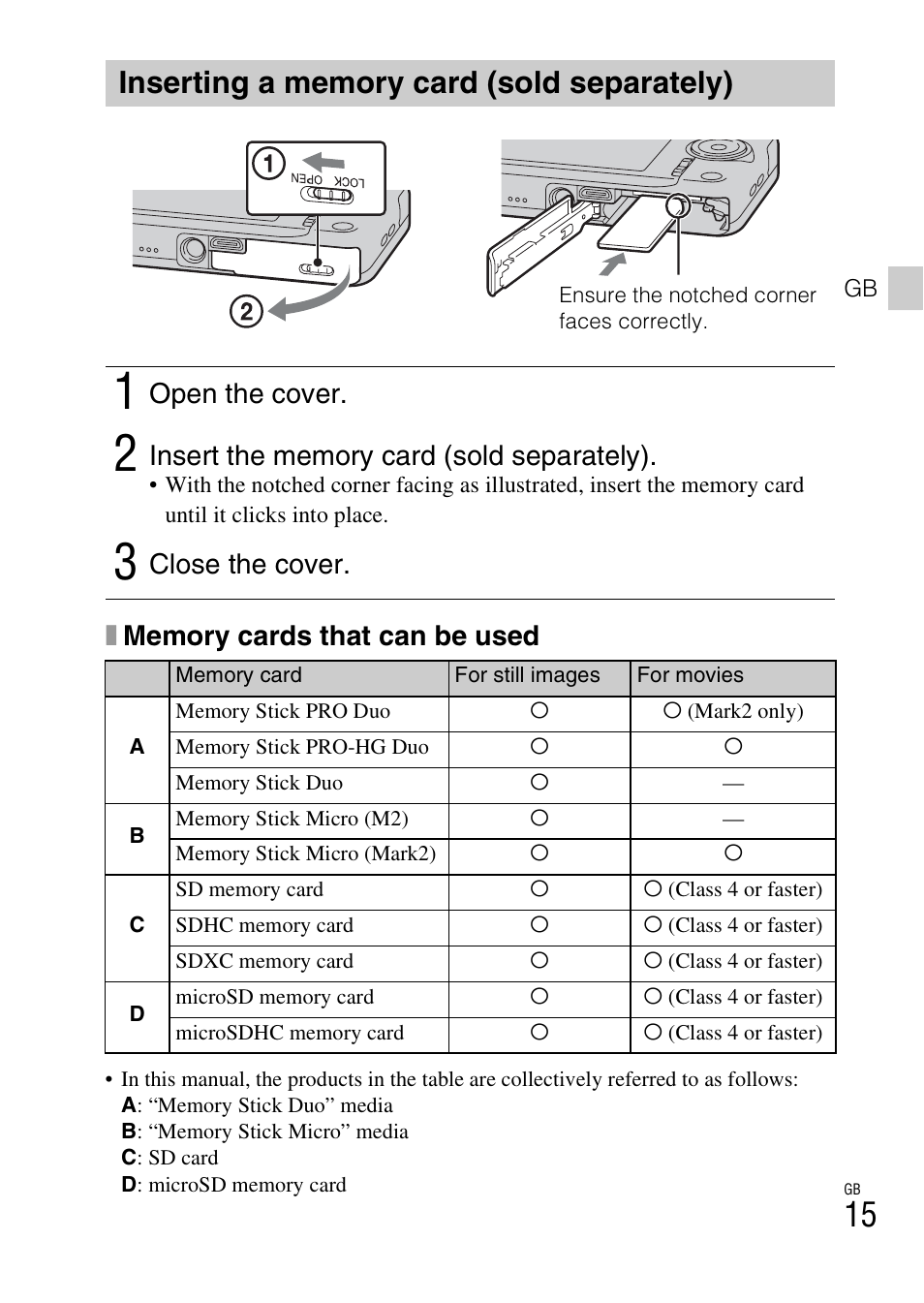 Inserting a memory card (sold separately), Open the cover, Close the cover | Sony DSC-WX100 User Manual | Page 15 / 64