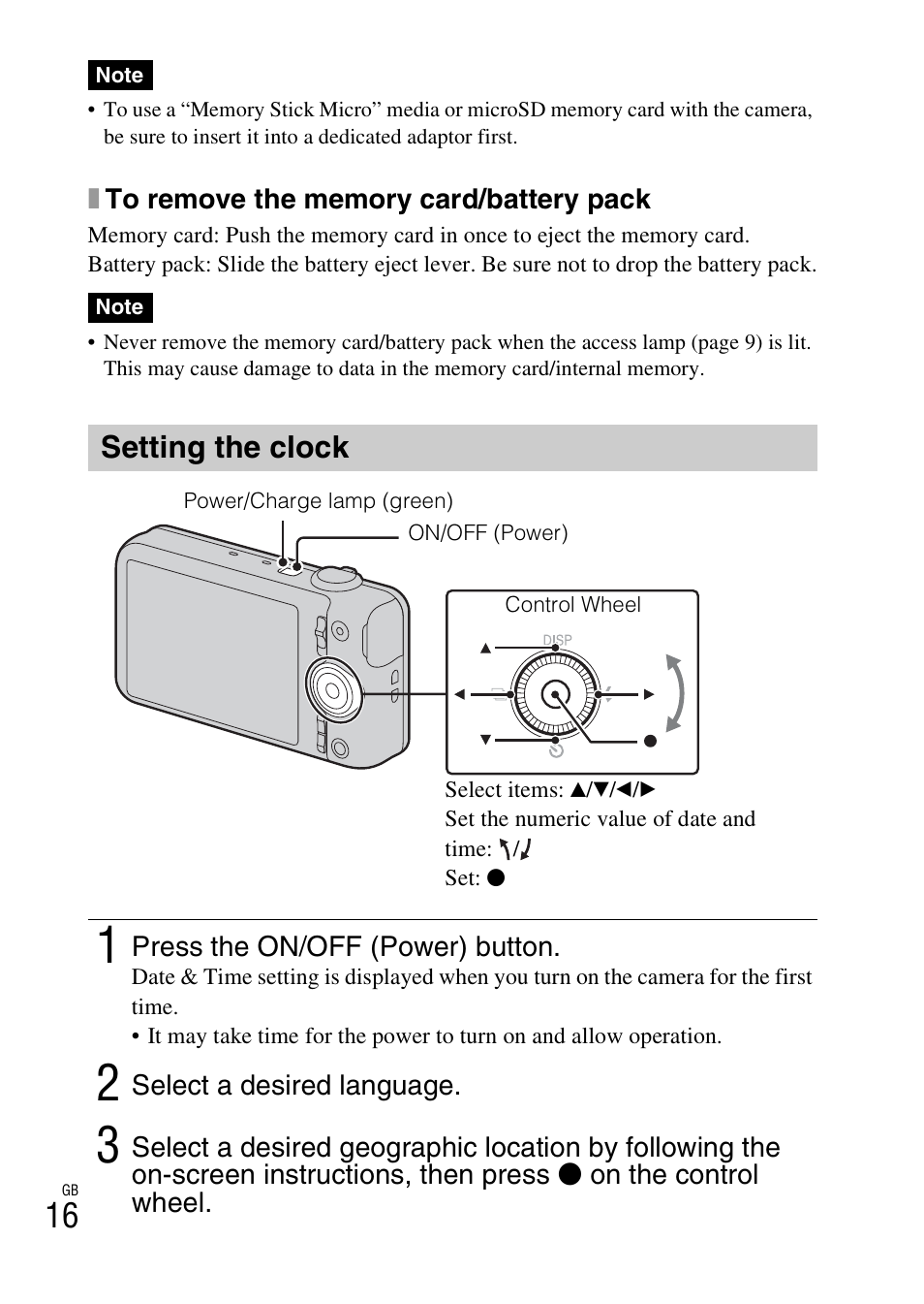 Setting the clock | Sony DSC-WX100 User Manual | Page 16 / 64