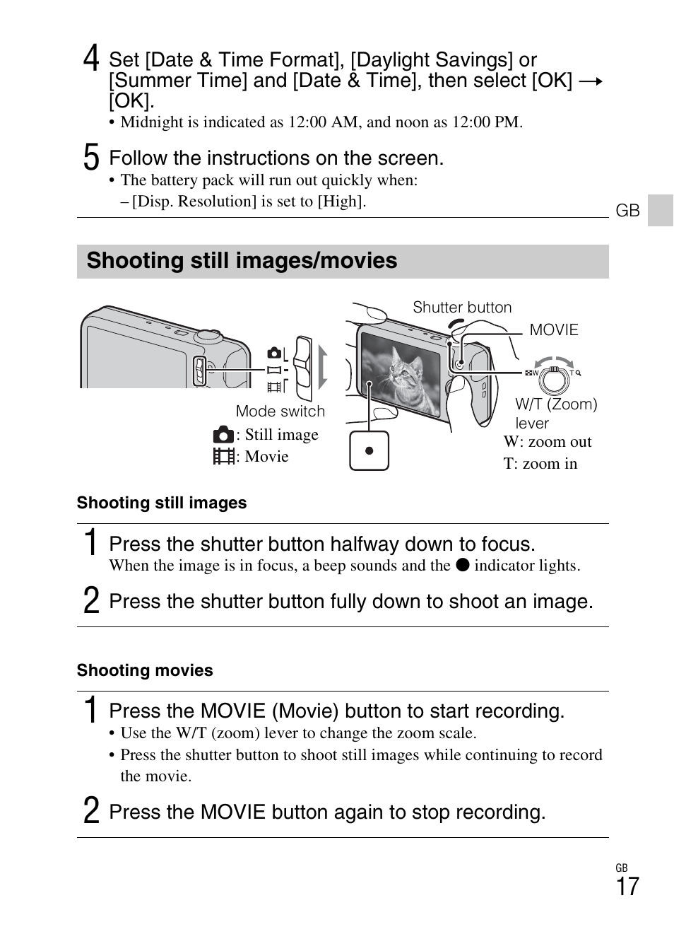 Shooting still images/movies | Sony DSC-WX100 User Manual | Page 17 / 64