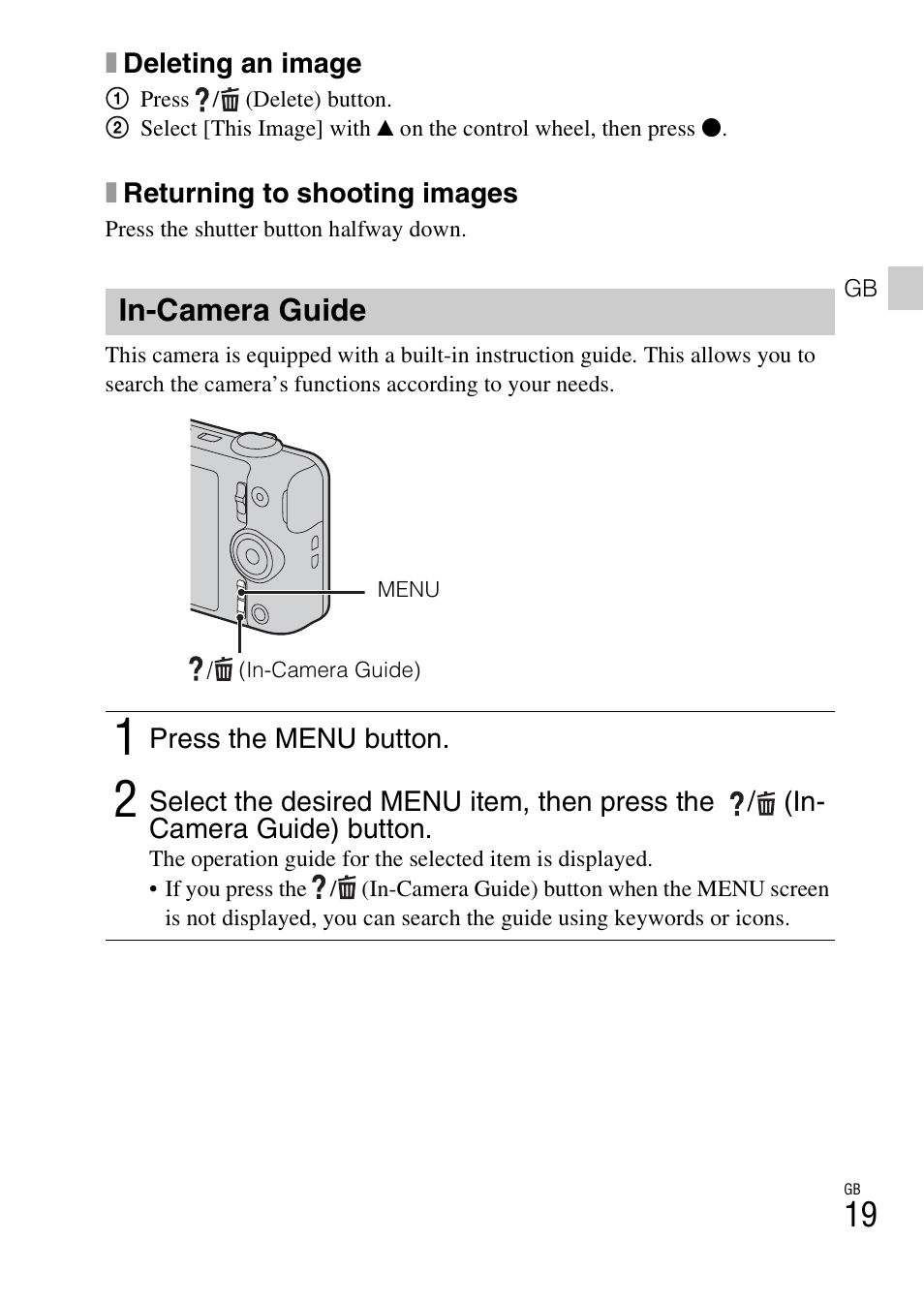 In-camera guide | Sony DSC-WX100 User Manual | Page 19 / 64