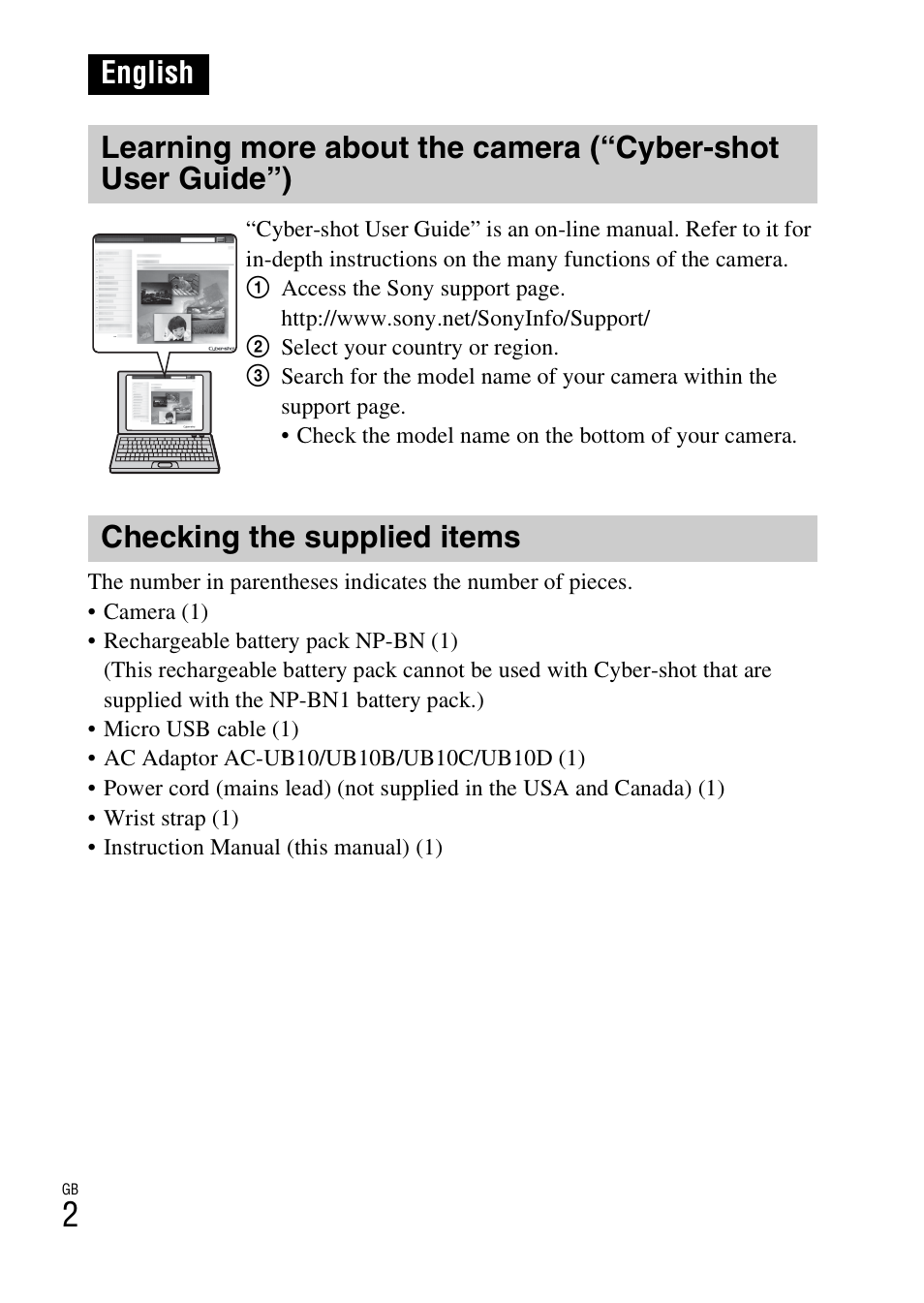 English, Checking the supplied items | Sony DSC-WX100 User Manual | Page 2 / 64