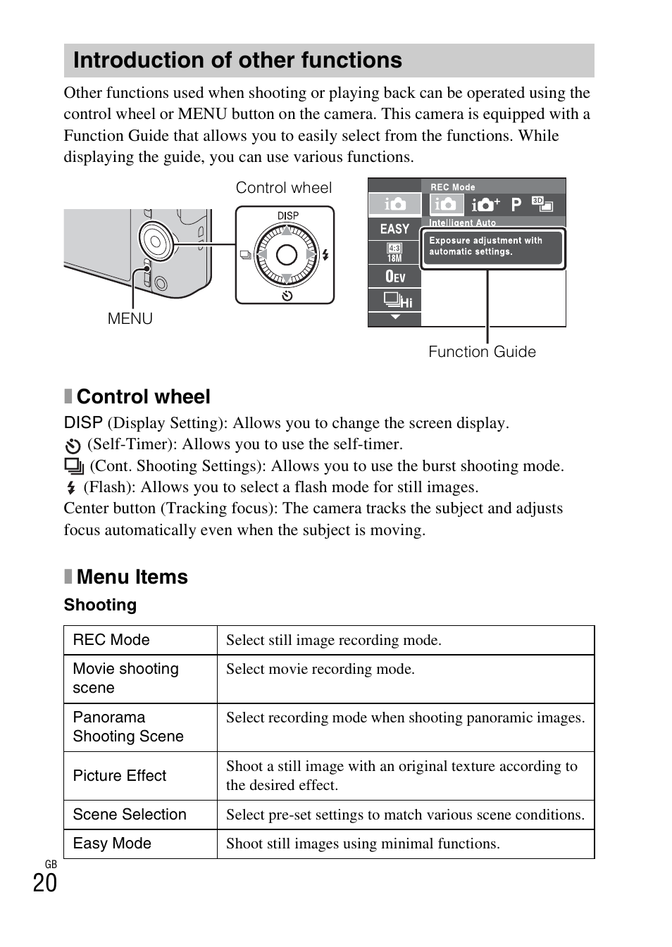 Introduction of other functions, Xcontrol wheel, Xmenu items | Sony DSC-WX100 User Manual | Page 20 / 64