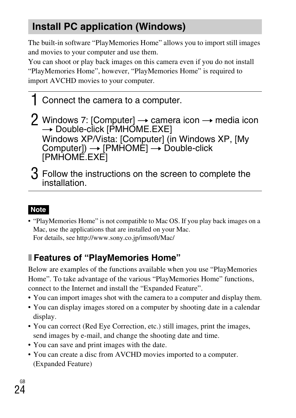 Install pc application (windows) | Sony DSC-WX100 User Manual | Page 24 / 64