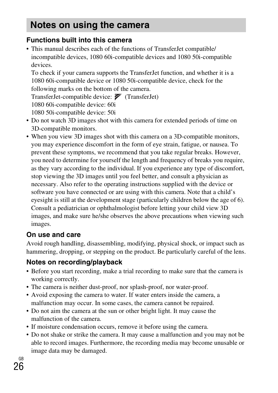 Notes on using the camera | Sony DSC-WX100 User Manual | Page 26 / 64