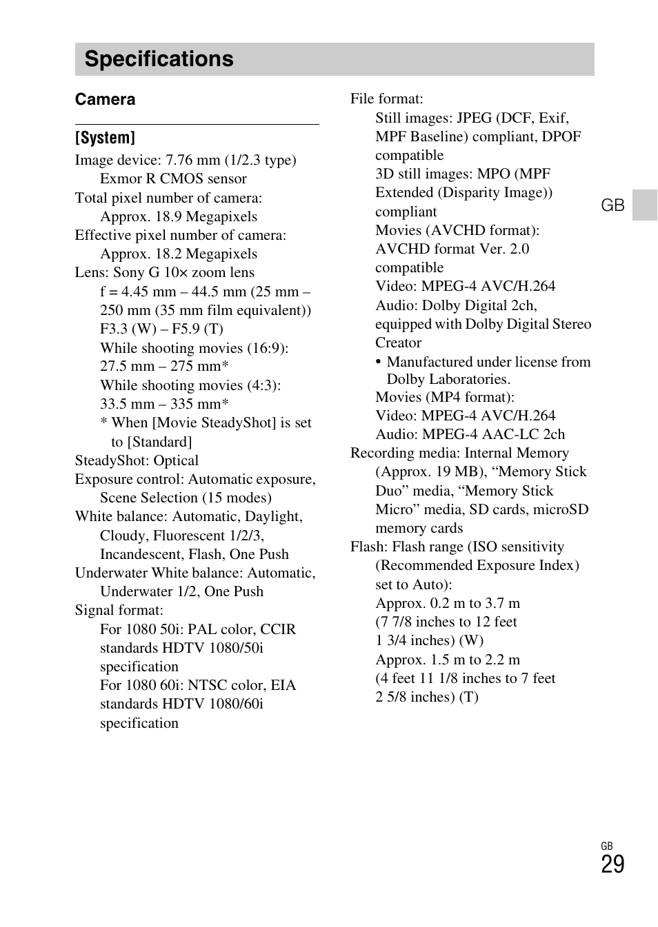 Specifications | Sony DSC-WX100 User Manual | Page 29 / 64