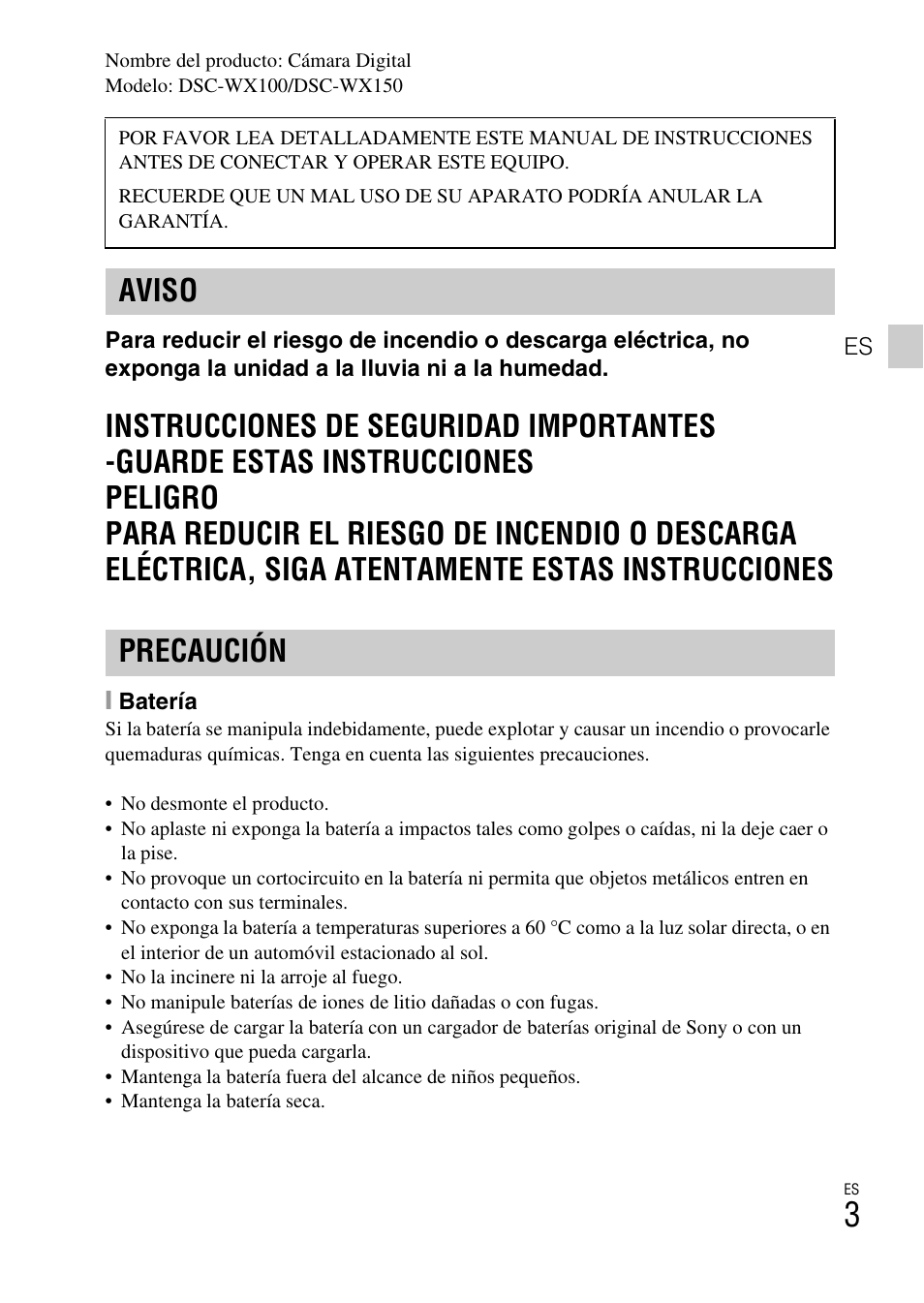 Aviso precaución | Sony DSC-WX100 User Manual | Page 33 / 64