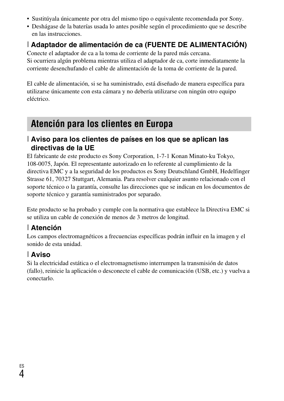 Atención para los clientes en europa | Sony DSC-WX100 User Manual | Page 34 / 64