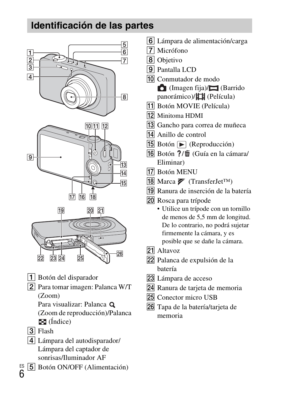 Identificación de las partes | Sony DSC-WX100 User Manual | Page 36 / 64