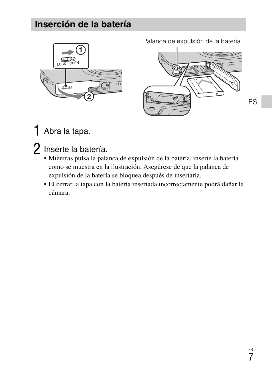 Inserción de la batería | Sony DSC-WX100 User Manual | Page 37 / 64