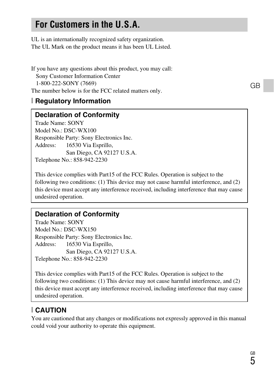 For customers in the u.s.a | Sony DSC-WX100 User Manual | Page 5 / 64