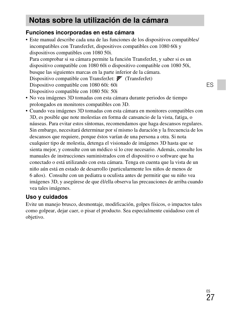 Notas sobre la utilización de la cámara | Sony DSC-WX100 User Manual | Page 57 / 64