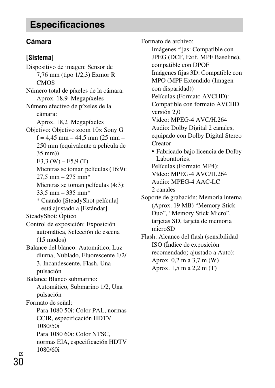 Especificaciones | Sony DSC-WX100 User Manual | Page 60 / 64