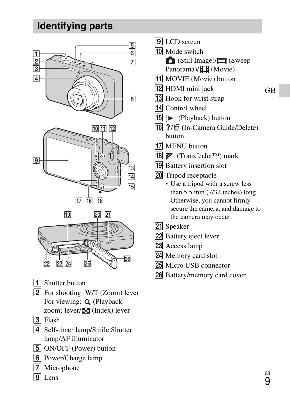 Identifying parts | Sony DSC-WX100 User Manual | Page 9 / 64