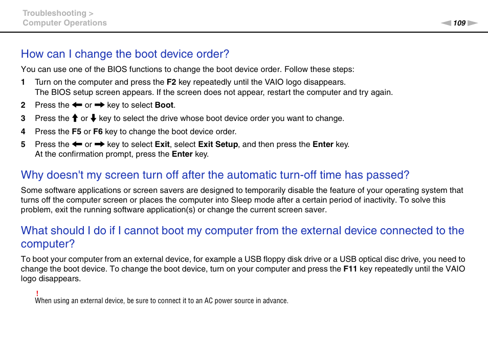 How can i change the boot device order | Sony VPCX131KX User Manual | Page 109 / 145