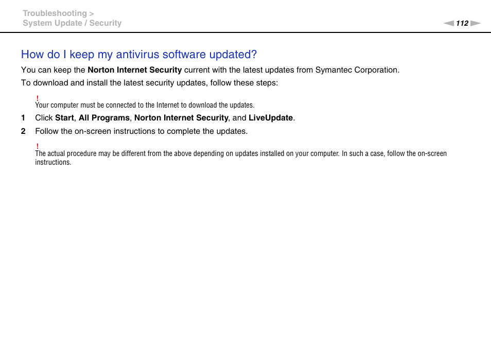 How do i keep my antivirus software updated | Sony VPCX131KX User Manual | Page 112 / 145