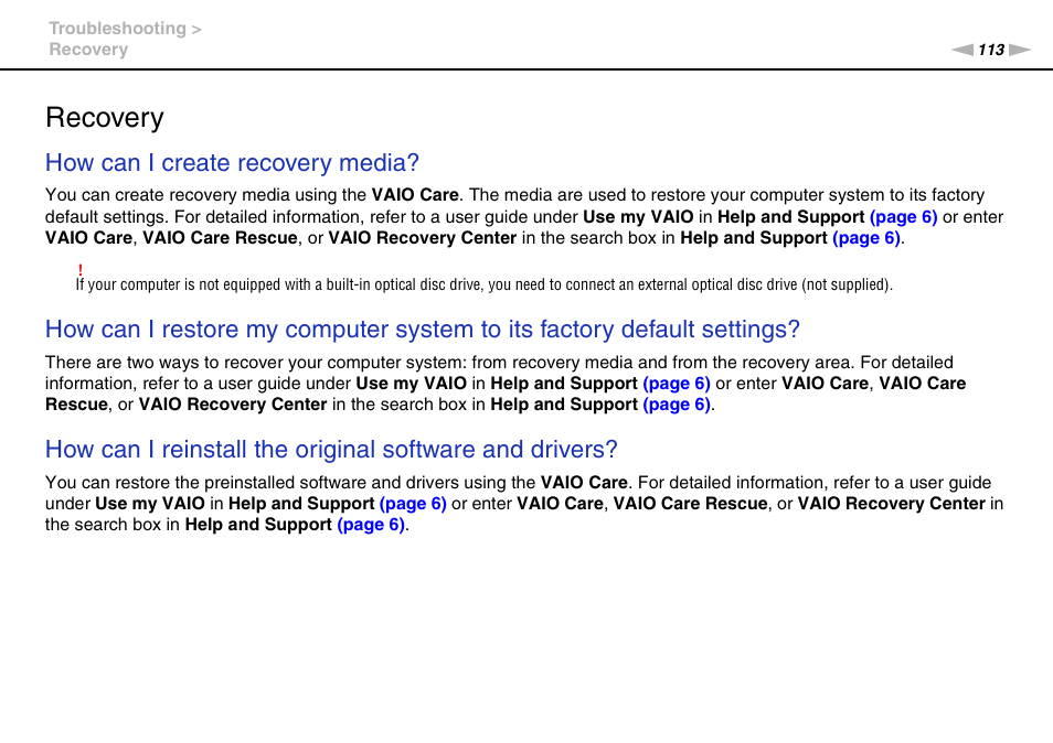 Recovery, How can i create recovery media | Sony VPCX131KX User Manual | Page 113 / 145