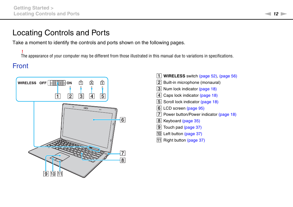 Locating controls and ports, Front | Sony VPCX131KX User Manual | Page 12 / 145