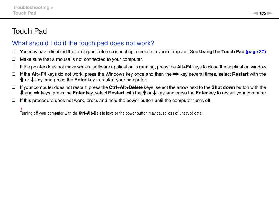 Touch pad, What should i do if the touch pad does not work | Sony VPCX131KX User Manual | Page 135 / 145