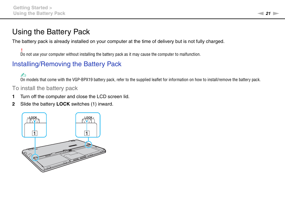 Using the battery pack, Installing/removing the battery pack | Sony VPCX131KX User Manual | Page 21 / 145