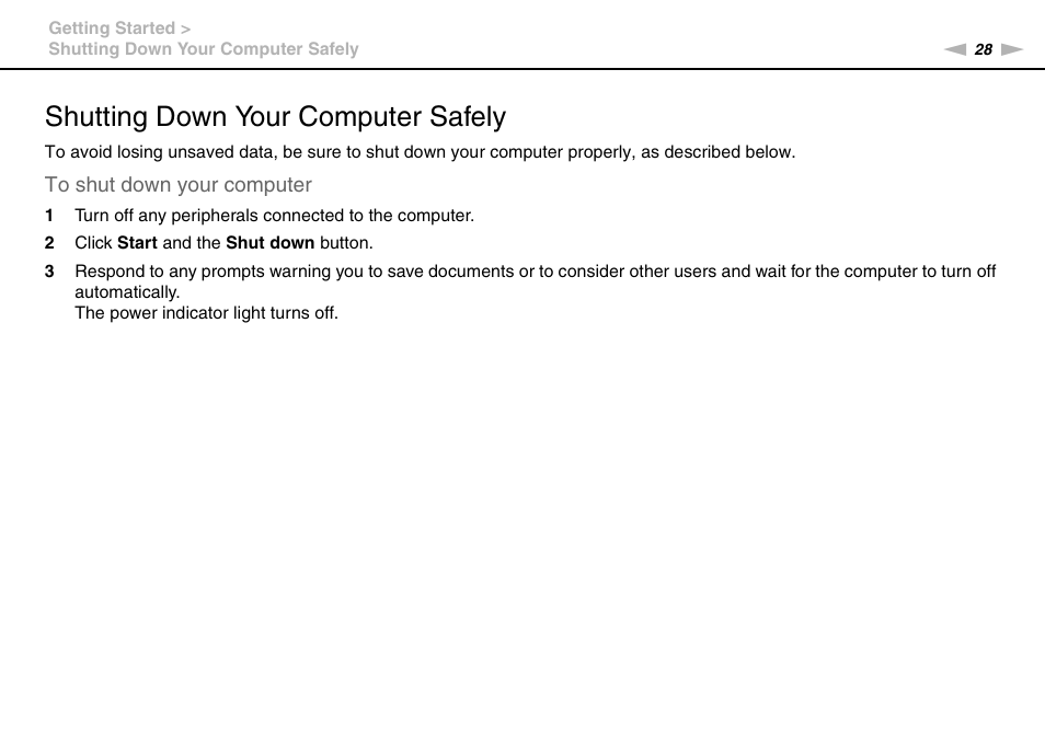 Shutting down your computer safely | Sony VPCX131KX User Manual | Page 28 / 145