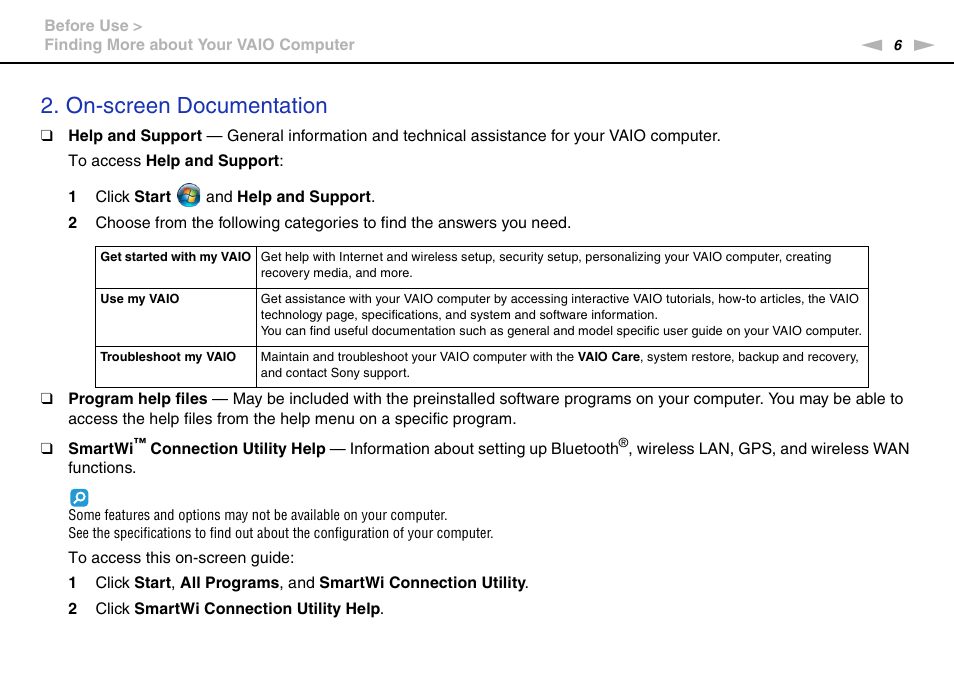 On-screen documentation | Sony VPCX131KX User Manual | Page 6 / 145