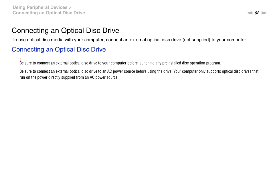 Connecting an optical disc drive | Sony VPCX131KX User Manual | Page 62 / 145