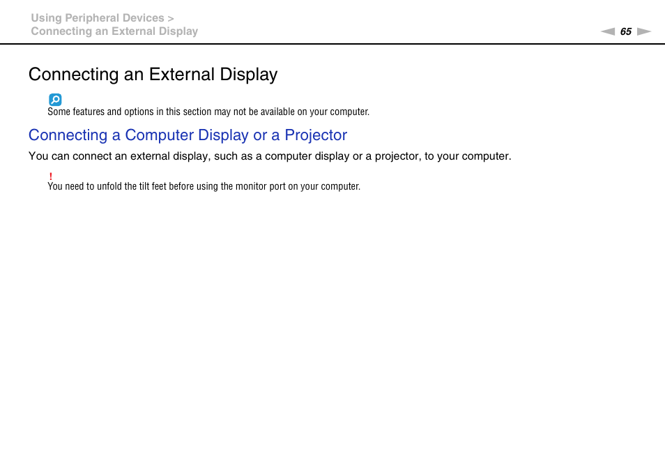 Connecting an external display, Connecting a computer display or a projector | Sony VPCX131KX User Manual | Page 65 / 145