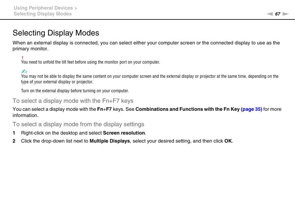 Selecting display modes | Sony VPCX131KX User Manual | Page 67 / 145