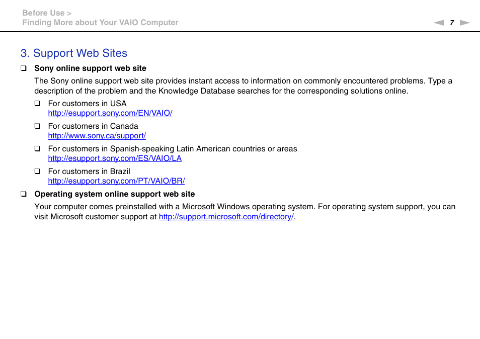 Support web sites | Sony VPCX131KX User Manual | Page 7 / 145