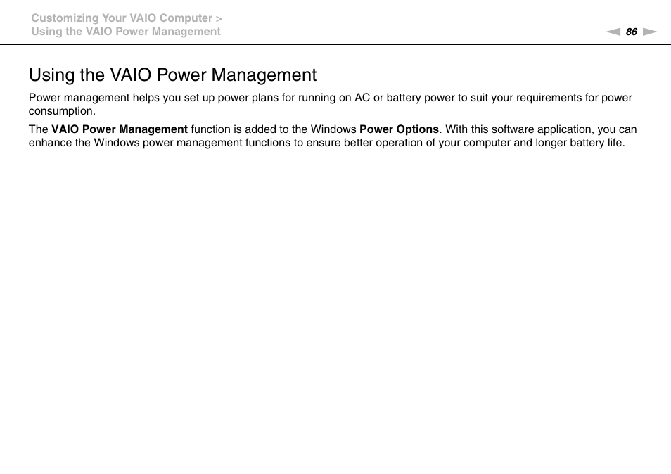 Using the vaio power management | Sony VPCX131KX User Manual | Page 86 / 145