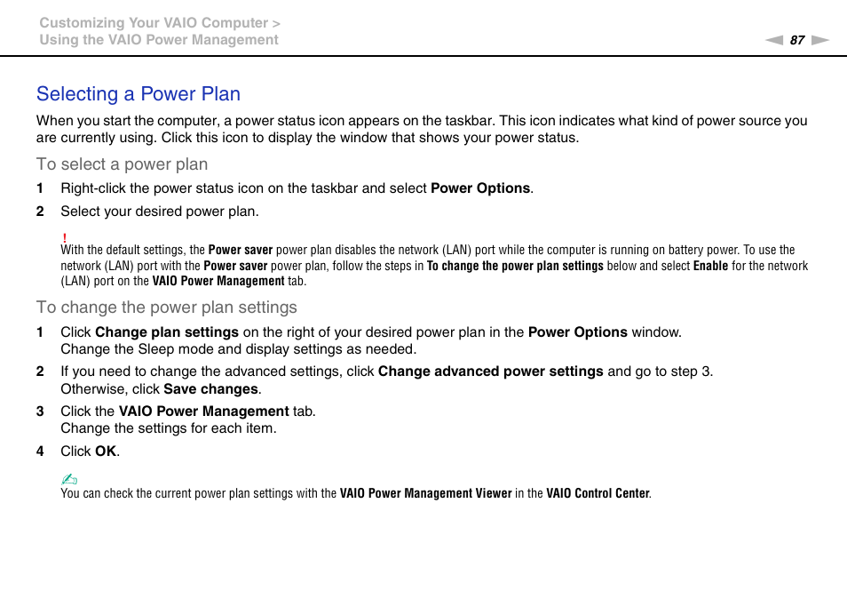 Selecting a power plan | Sony VPCX131KX User Manual | Page 87 / 145