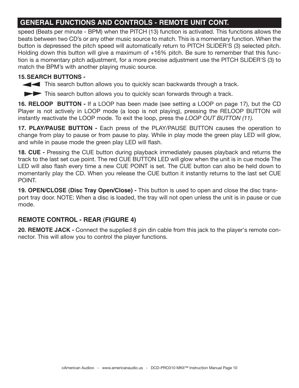 General functions and controls - remote unit cont | American Audio DCD-PRO310 MKII User Manual | Page 10 / 23