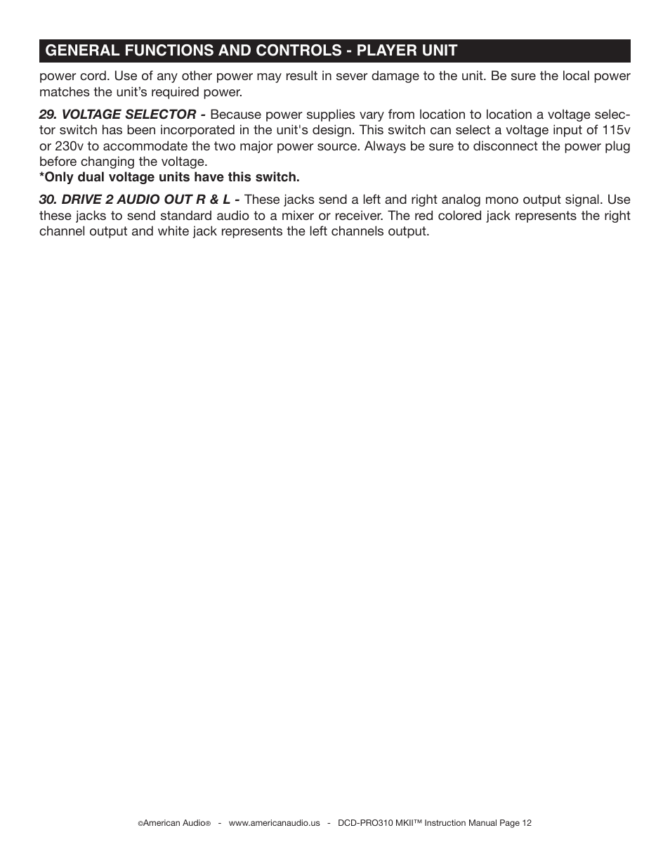 General functions and controls - player unit | American Audio DCD-PRO310 MKII User Manual | Page 12 / 23