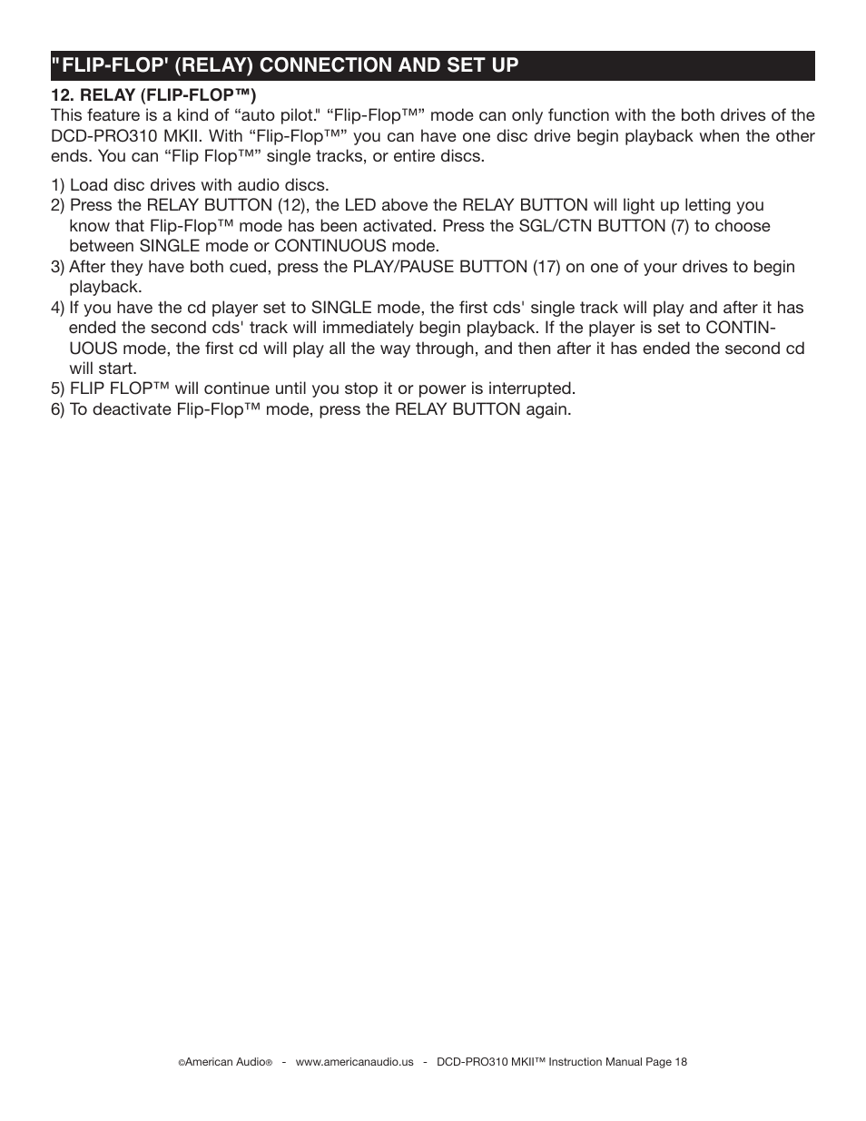Flip-flop' (relay) connection and set up | American Audio DCD-PRO310 MKII User Manual | Page 18 / 23