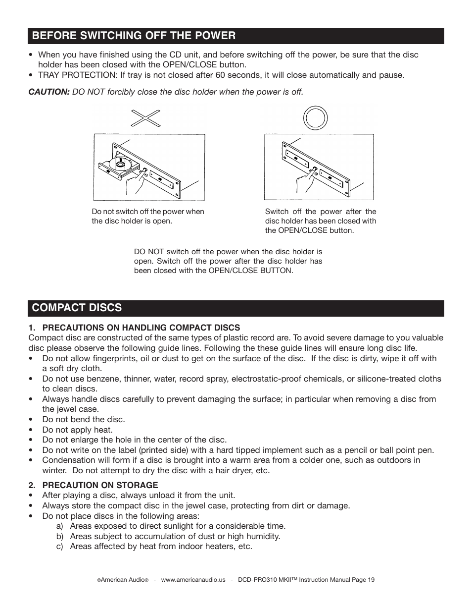 Compact discs, Before switching off the power | American Audio DCD-PRO310 MKII User Manual | Page 19 / 23