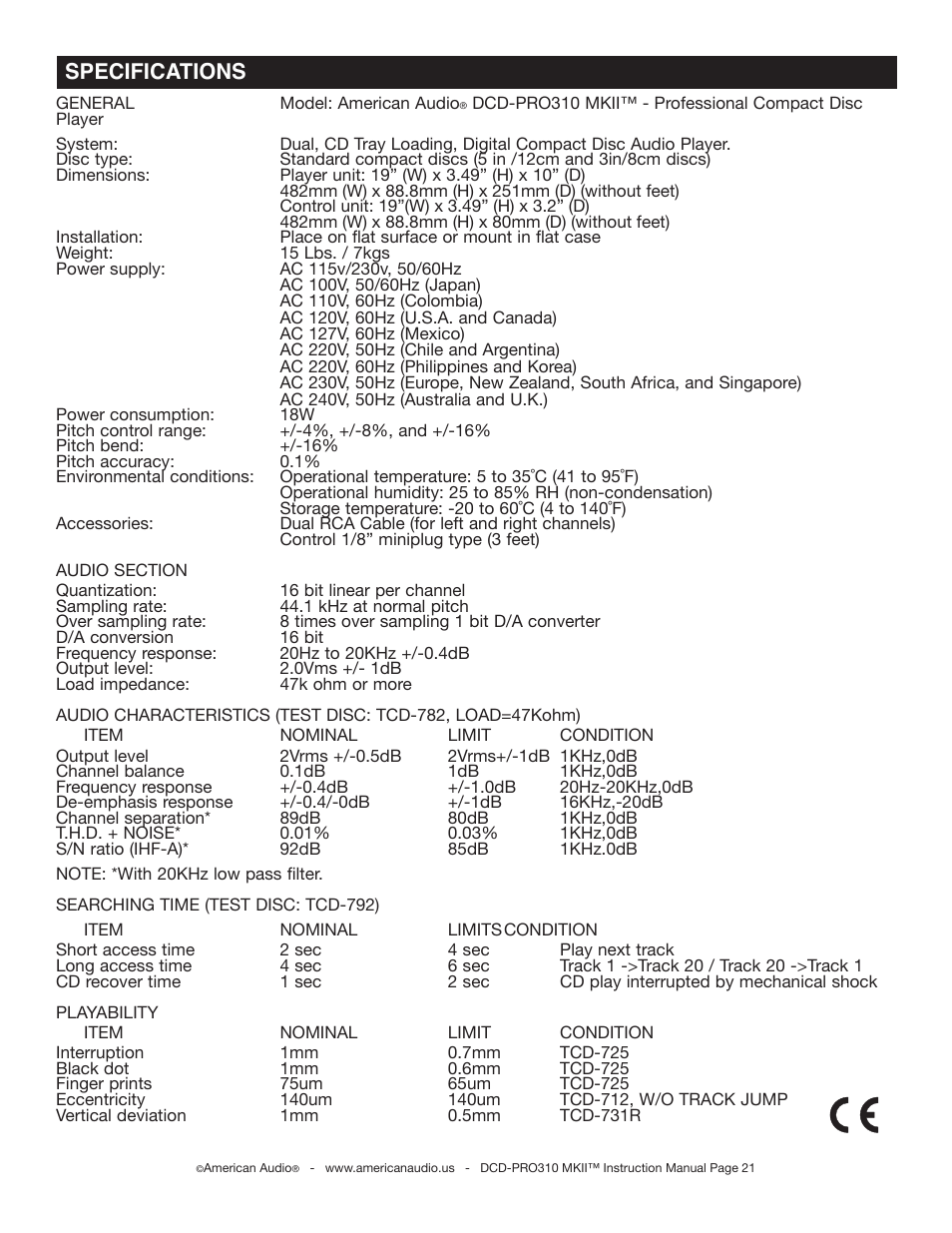 Specifications | American Audio DCD-PRO310 MKII User Manual | Page 21 / 23
