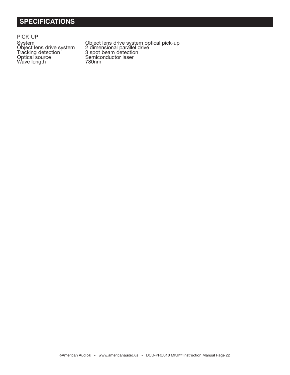 Specifications | American Audio DCD-PRO310 MKII User Manual | Page 22 / 23