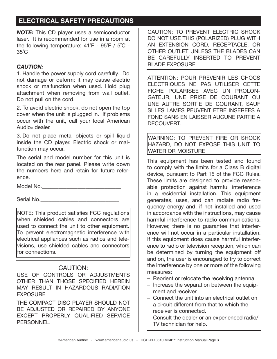 Caution, Electrical safety precautions | American Audio DCD-PRO310 MKII User Manual | Page 3 / 23